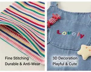 Détail t-shirt rayé et salopette en jean fille, coutures fines et jolie broderie.