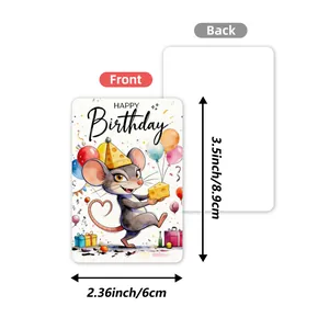 Cute cartoon mouse birthday greeting card detail view, high quality paper material design.
