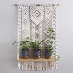 Bohemian Woven Tapestry Wall Hanging With Wood Shelf Handmade Cotton Macrame Tapestry For Bedroom Living Room Home Decor
