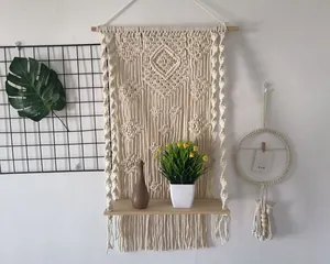 Macrame wall hanging shelf with wooden board bohemian boho woven tapestry home decor detail view