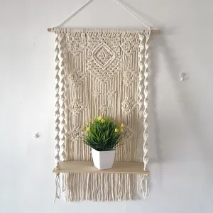 Handmade macrame wall hanging shelf bohemian woven tapestry wooden storage shelf for home decor