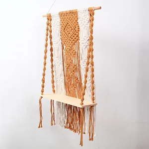 Handmade macrame wall hanging shelf with wooden board bohemian home decor tapestry for bedroom living room