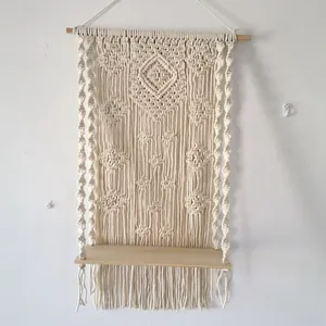 Bohemian handmade woven tapestry storage shelf with wooden dowel and board for home wall decor