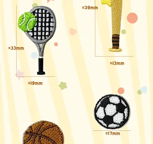 Sports embroidered patches set including tennis, football, and baseball for DIY clothing decoration.