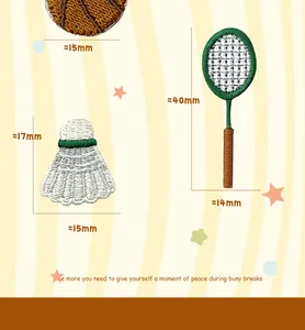 DIY sports embroidery patches set including basketball badminton and tennis racket for clothing.