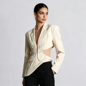 Elegant cream asymmetric blazer with side cutout and slim fit design for stylish women.