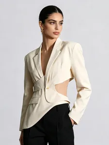 Women Asymmetric Cutout Blazer Metal Buckle Slim Fit Long Sleeve Notch Lapel Office Lady Fashion Elegant Solid Color Suit Jacket