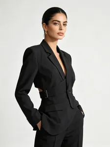 Elegant slim fit black blazer with unique cutout waist and asymmetric design for women