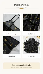 Detaillierte Ansichten des Sternenmond-Satin-Pyjama-Sets mit Trägern und Gürtel