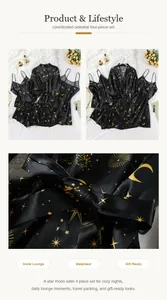 Detailansicht des 4-teiligen Satin-Pyjama-Sets mit Stern- und Mondmuster-Druck