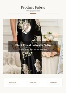 Detailansicht des schwarzen Blumendrucks auf glänzendem Polyester-Satin-Stoff