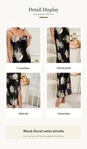Detailansicht des schwarzen Satin-Nachthemds mit floralem V-Ausschnitt und Schlitz
