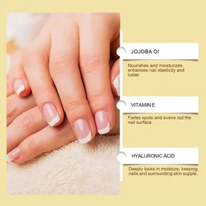 Close-up of healthy manicured nails with jojoba oil, vitamin E and hyaluronic acid