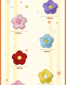Detailed view of colorful cartoon flower embroidery patches, compact size for DIY garment decoration.