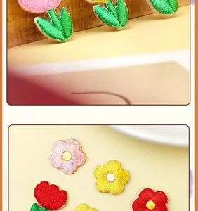 Close-up details of embroidered flower patches, showcasing fine threadwork and vibrant colors.