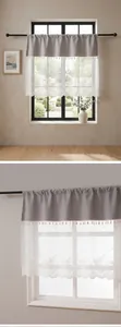 Grey and white lace tier curtain with valance, rustic floral short curtain for kitchen window.