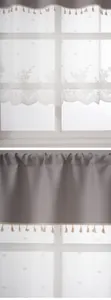 White sheer lace curtain with grey top valance and tassels, ideal for kitchen or bedroom windows.