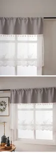 Grey and white lace short curtain with floral embroidery, elegant window valance for home.