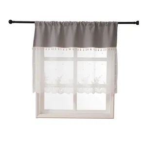 American style short curtain with grey valance, tassels, and white floral lace sheer for windows.