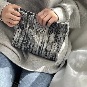 Portable Cosmetic Bag Retro Style Black And White Striped Makeup Pouch Zipper Travel Toiletry Organizer Handbag