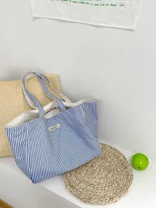 Blue and white striped canvas tote bag, large capacity shoulder bag with exquisite embroidery.