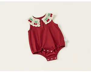 Combinaison bébé fille rouge sans manches body col crochet cerise été mignonne