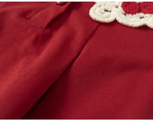 Gros plan des détails de la robe pour enfants rouge avec col en dentelle et roses rouges.