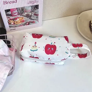 Cute cartoon apple pattern white canvas makeup bag with portable handle for daily storage