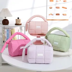 Macaron color quilted puffer cosmetic bag portable travel storage bag detail view
