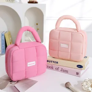 Macaron puffy cosmetic bag travel portable cute makeup organizer soft quilted storage pouch.