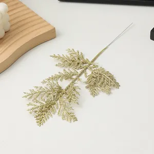 Rama de hoja artificial con purpurina dorada para decoración navideña arreglos florales de bricolaje.
