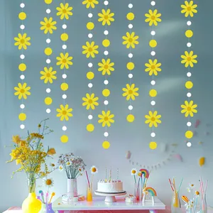 Detailed view of yellow daisy hanging garland party decoration scene backdrop for birthday.