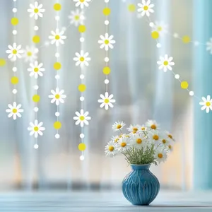 Daisy garland string for room decor, 4m hanging banner with white flowers and dots.