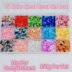 Detailed view of 15-color glass seed bead set in a box for DIY jewelry making, 150g