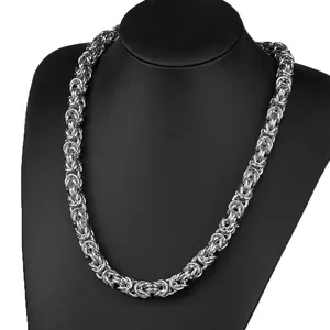 Durable heavy stainless steel Byzantine link chain necklace detailed view for men.