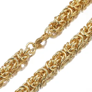 Gold stainless steel Byzantine link chain necklace detail, durable men's fashion jewelry close-up