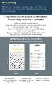 Detailed specification view of 3D nail art stickers with decorative star patterns and paper card.