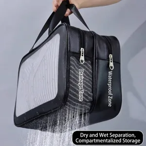 Black double-layer waterproof toiletry bag featuring wet and dry separation zones