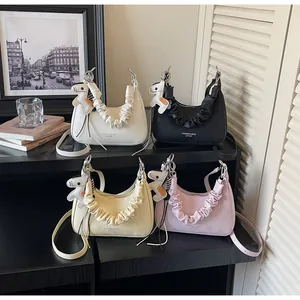 Stylish minimalist ruched shoulder bag with cute horse charm, large capacity casual tote bag for women.
