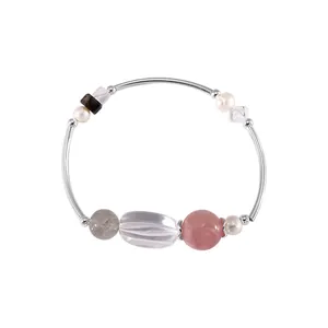 Elegante pulsera de tubo curvado de plata de ley 925 con cristales de colores y perlas