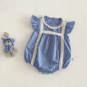Sommer Baby Mädchen blauer Romper Spitze Rüsche Kurzarm Säugling Bodysuit süßer Strampler Detail