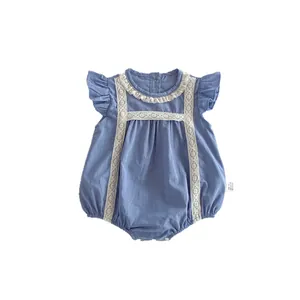Verano bebé niña azul encaje mameluco lindo infante mangas volantes body ropa