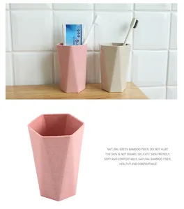Detailed shot of wheat straw geometric toothbrush cup showing modern polygonal design texture.