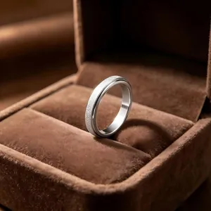 Eleganter silberner Spinner-Ring mit Mattierung in einer braunen Samtschmuckschatulle