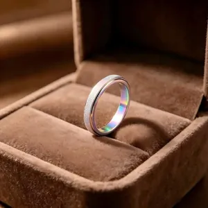 Makro-Detail eines drehbaren Titanstahlrings mit mattem Regenbogen-Finish in Box.