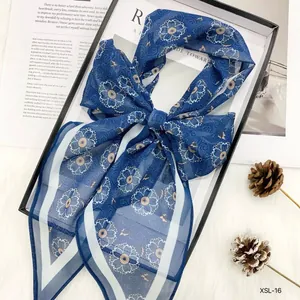 Blue floral georgette skinny scarf, elegant long ribbon neck scarf for women chic summer.