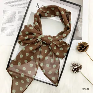 Brown polka dot chiffon skinny scarf stylish long neck ribbon versatile vintage hair accessory