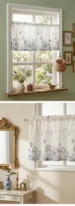 American pastoral style cafe curtain with blue floral and butterfly print for small windows.