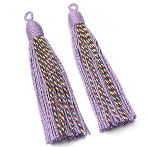 Purple decorative tassel pendant detail, textured woven thread with colorful stripes.