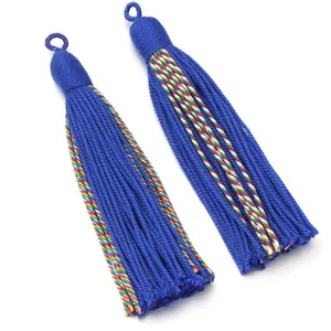 Blue decorative tassels with colorful woven threads, perfect for curtains and home decor.